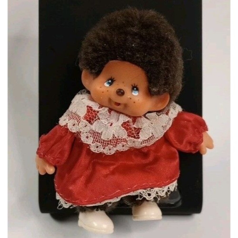 Vintage Monchhichi Mini Doll Japan Clip Red Dress Lace Outfit  Pre Owned
